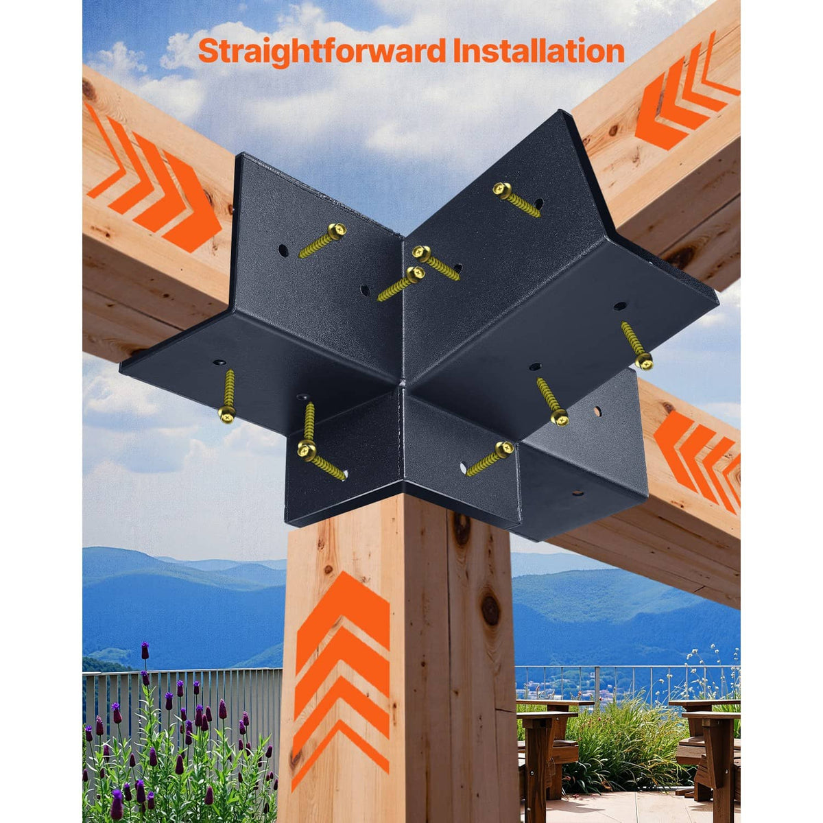 Four-way slanted pergola bracket secured to a wooden post with gold screws