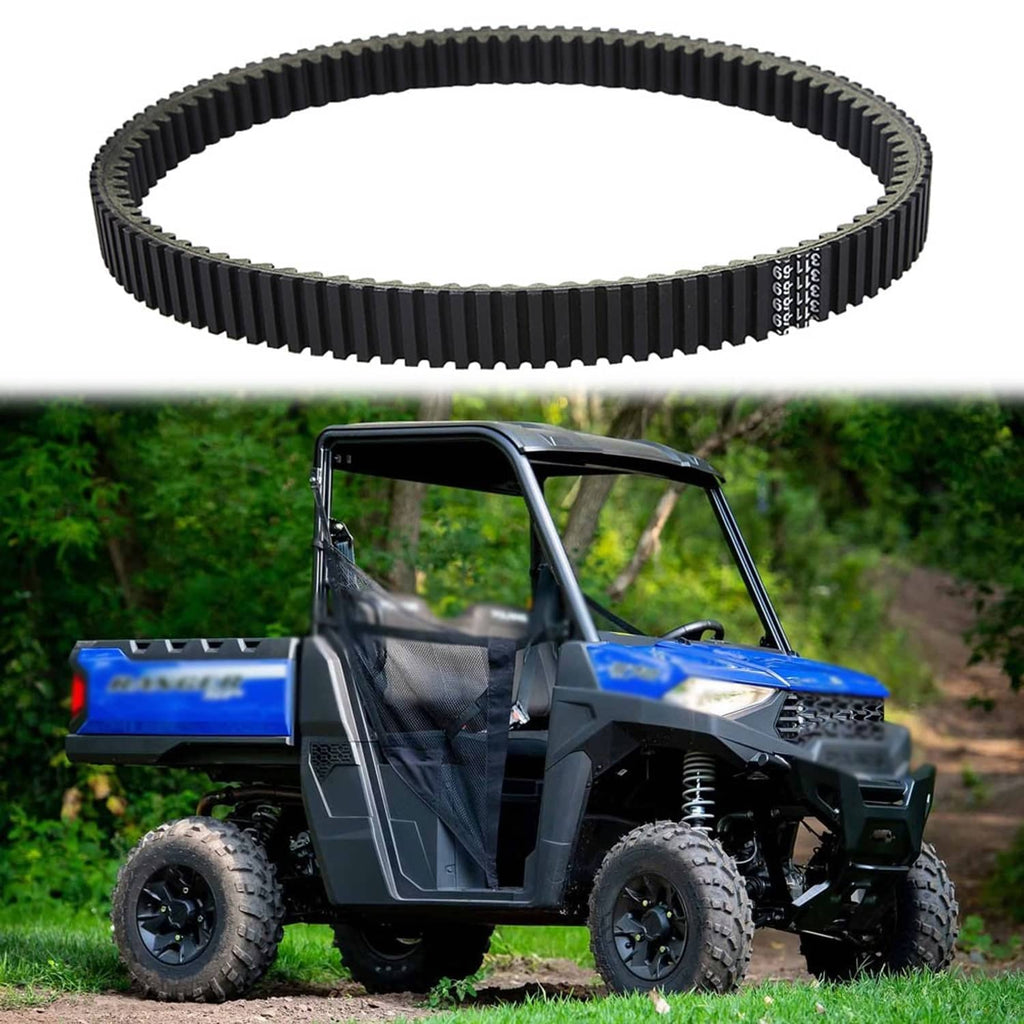 Black drive clutch belt loop with ribbed sides and toothed edges, printed text strip