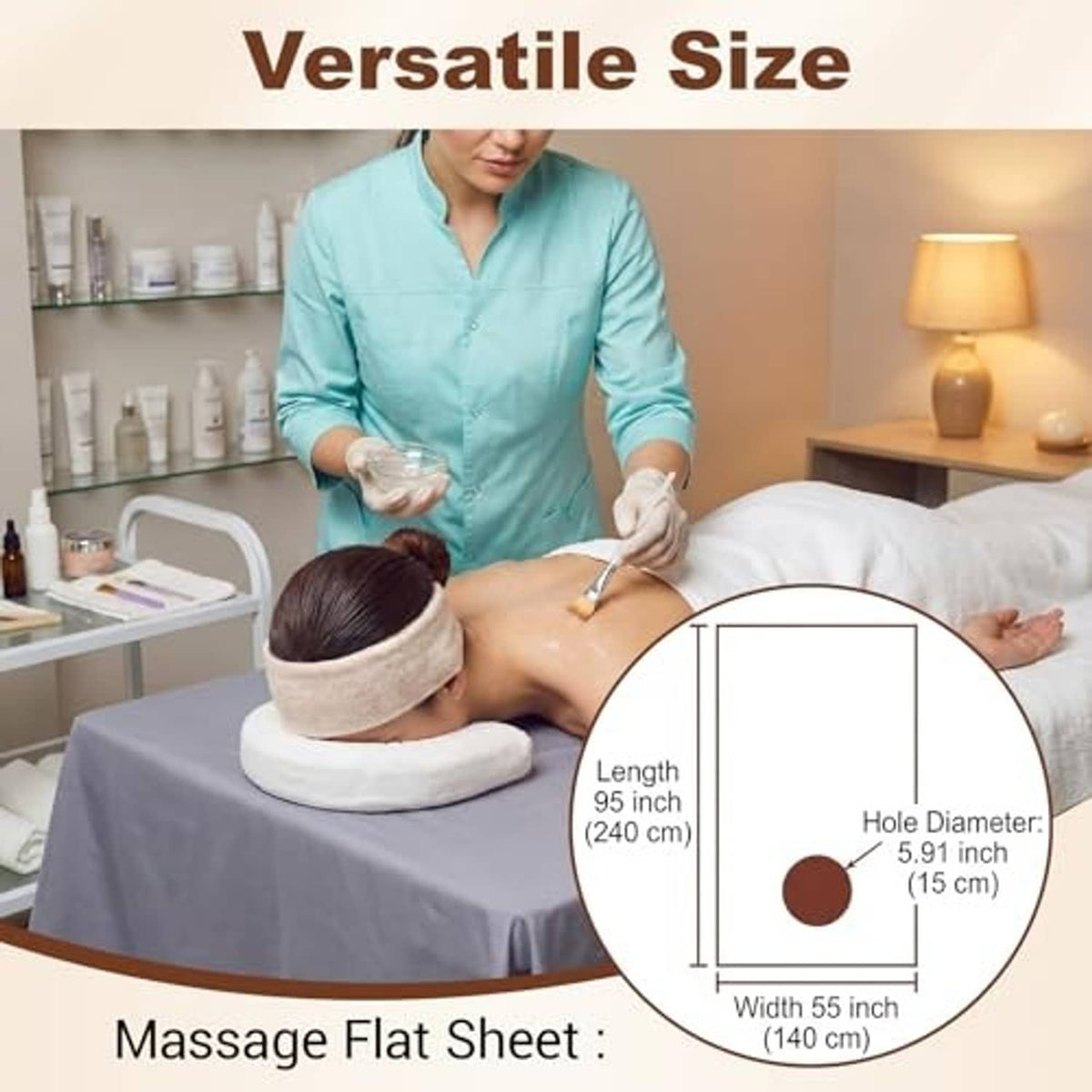 Gray massage flat sheet with circular face hole for massage table use