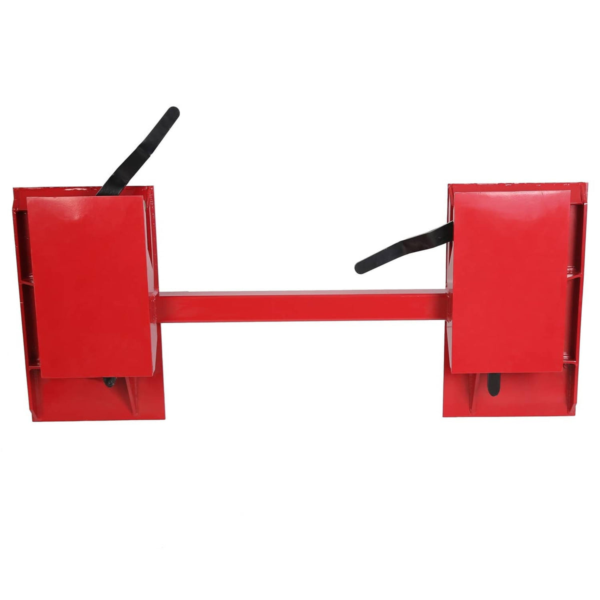 Red skid steer quick-attach adapter plate with black latch bar and side brackets