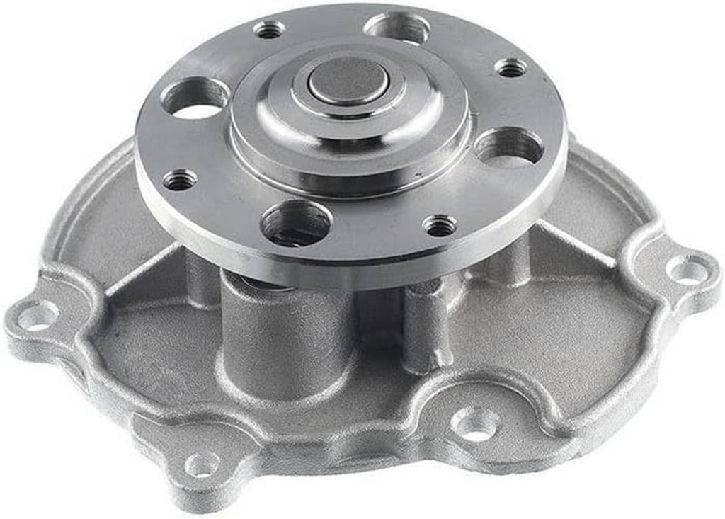Automotive water pump with silver metal housing and central bearing cap