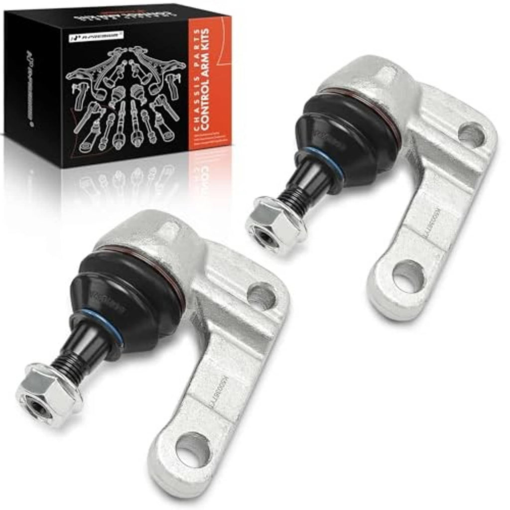 Front upper ball joint pair with silver arms and black dust boots, angled view