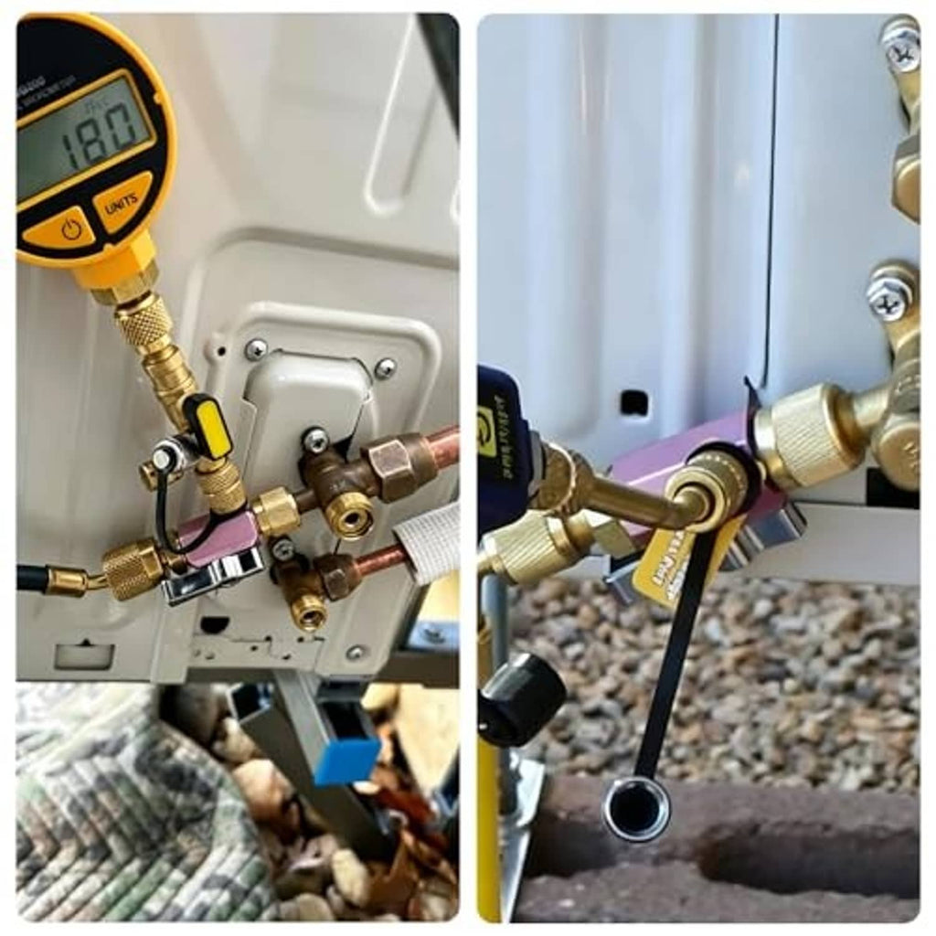 Close-up of valve core removal tool with gold brass tips and pink body on AC panel