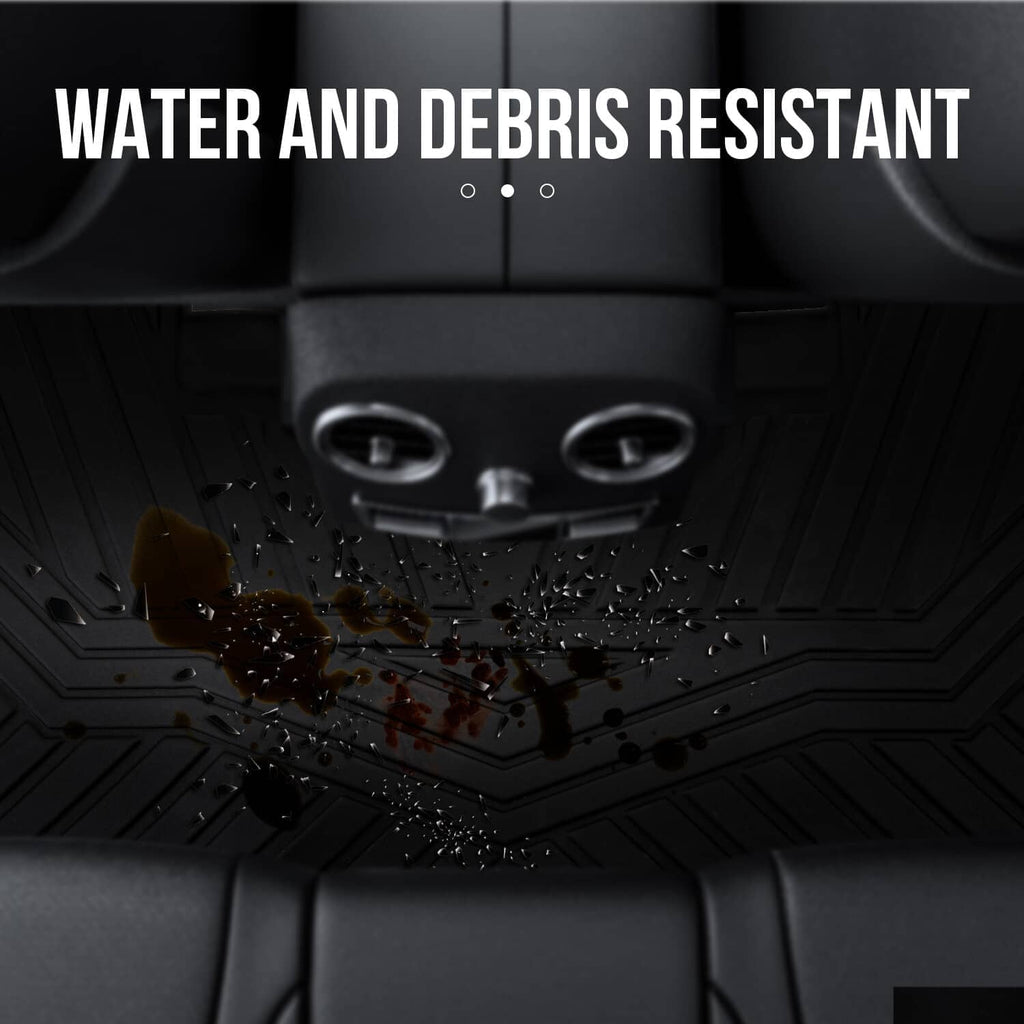 Black floor mat with raised grooves holding droplets and debris in patterned channels