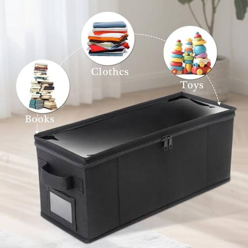 Black storage box with clear window panel and zipper top for organizing media
