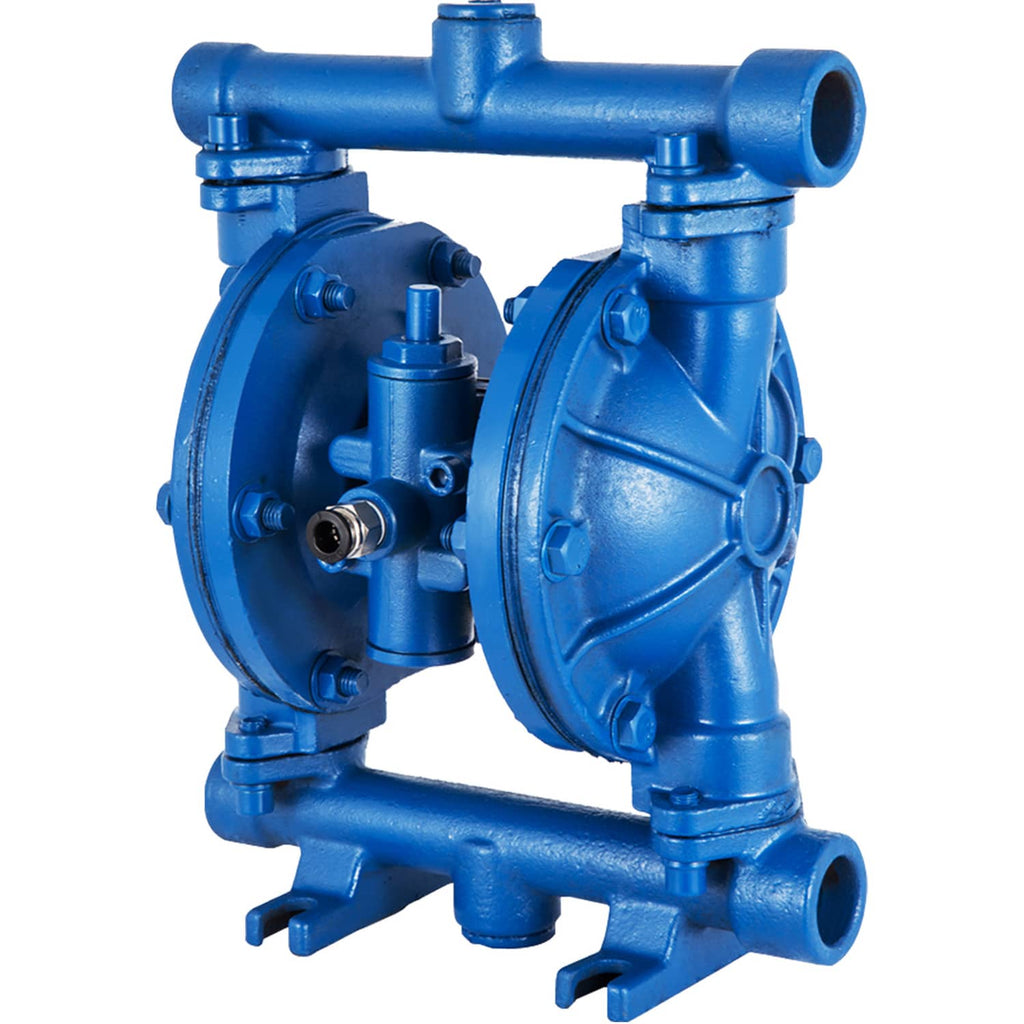 Blue air-operated double diaphragm pump with 1/2 in ports and connected hose fittings