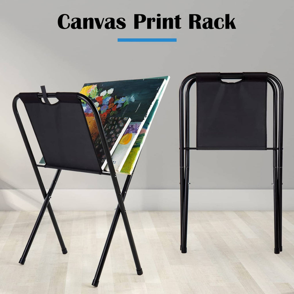 Black folding canvas print rack with two side supports and open top
