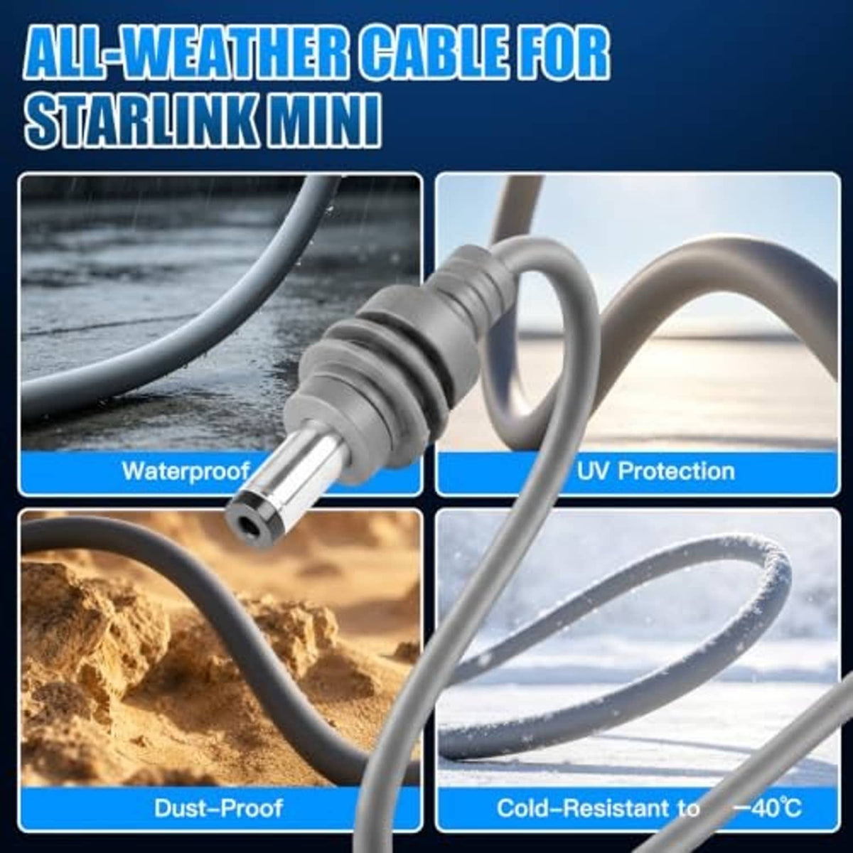 Grey DC power cable with reinforced plug, weatherproof protective jacket