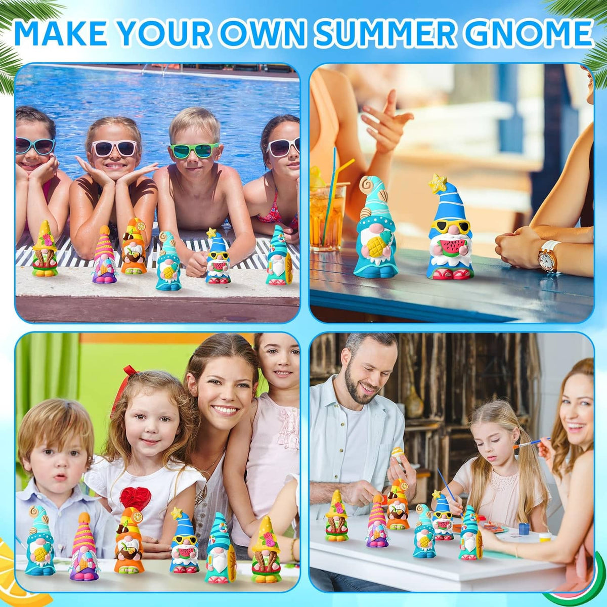 Family posing with painted summer ceramic gnome figurines for decoration