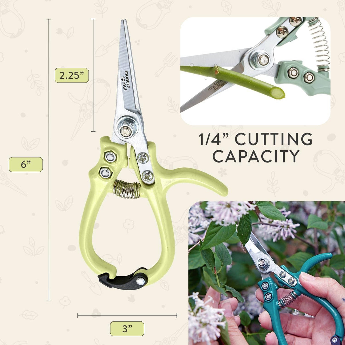 Green pruning shears with silver blades and spring, shown with cutting capacity diagram