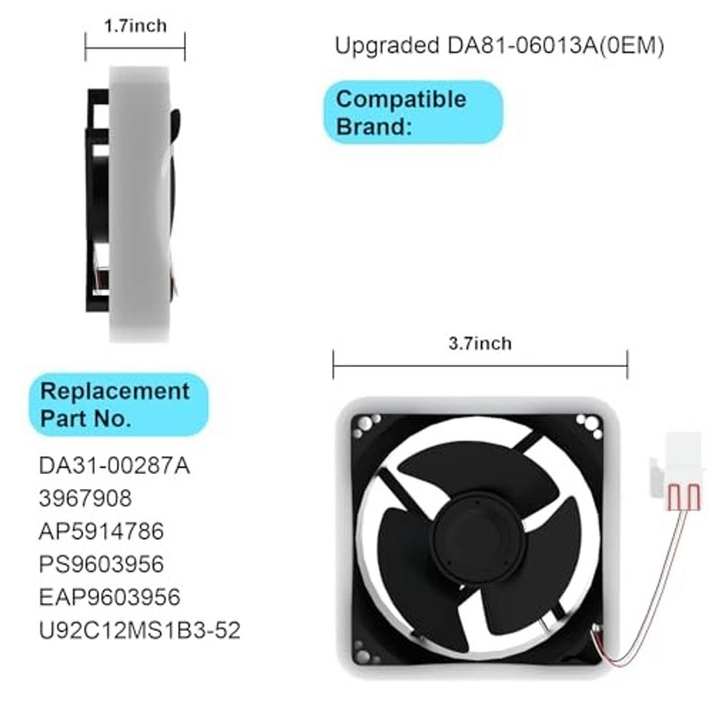 Refrigerator evaporator fan motor with dimensions and fan housing connected to wires