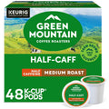 K-Cup pod box and half-caff pod cup, medium roast, Green Mountain brand