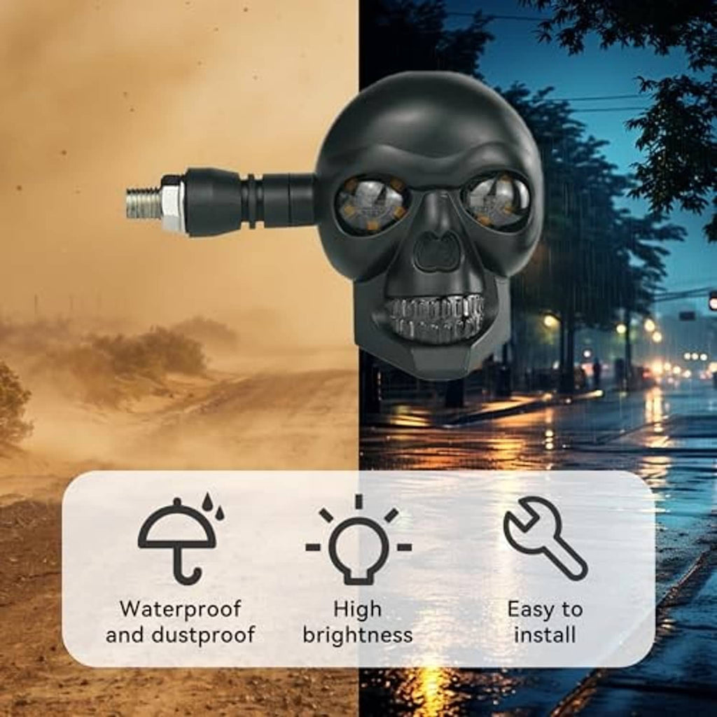 Single matte black skull LED motorcycle turn signal with amber lenses