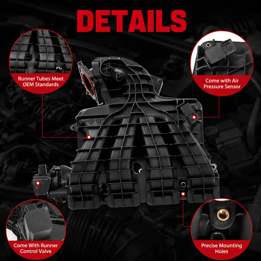 Engine intake manifold assembly with runner control valve and pressure sensor connections, black