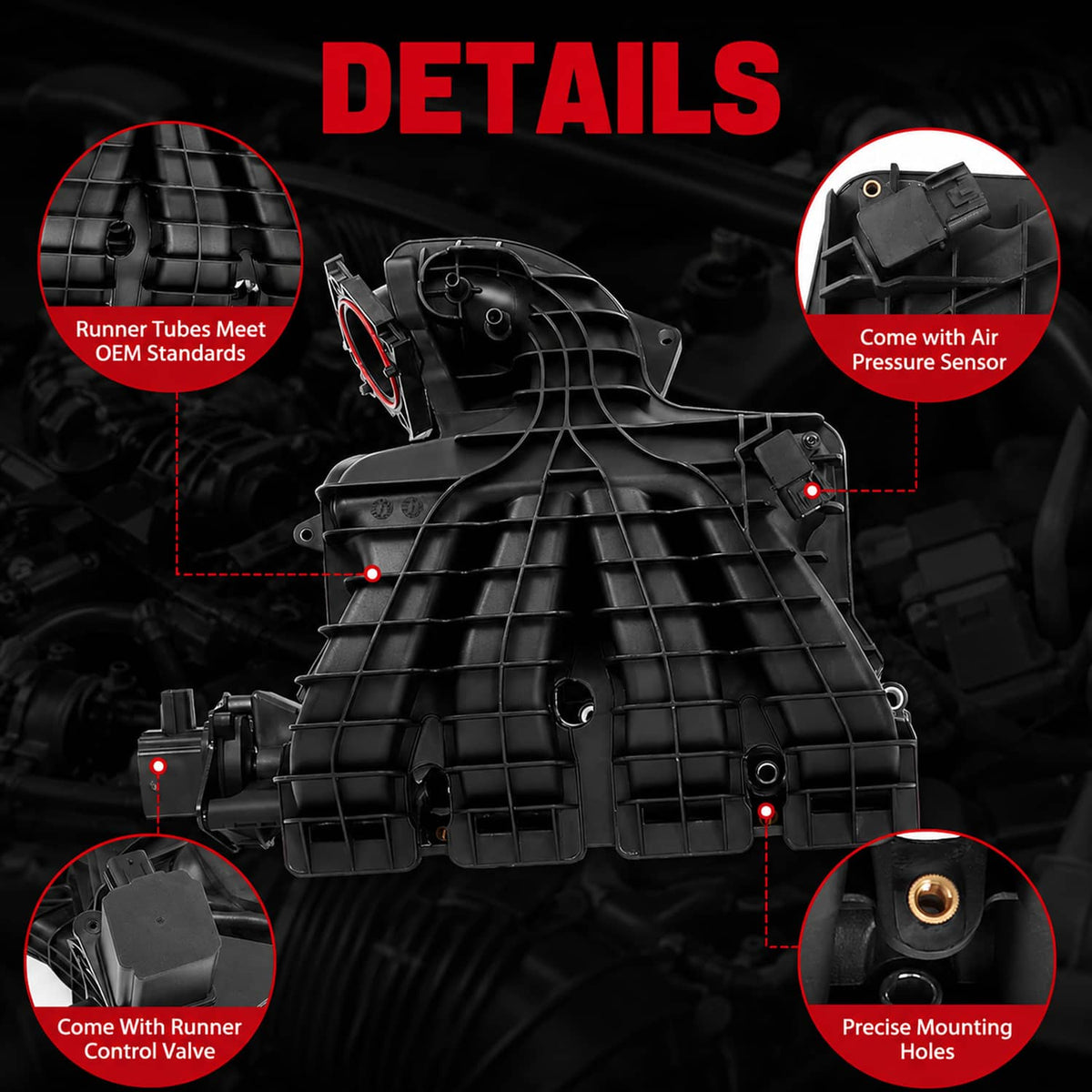 Engine intake manifold assembly with runner control valve and pressure sensor connections, black