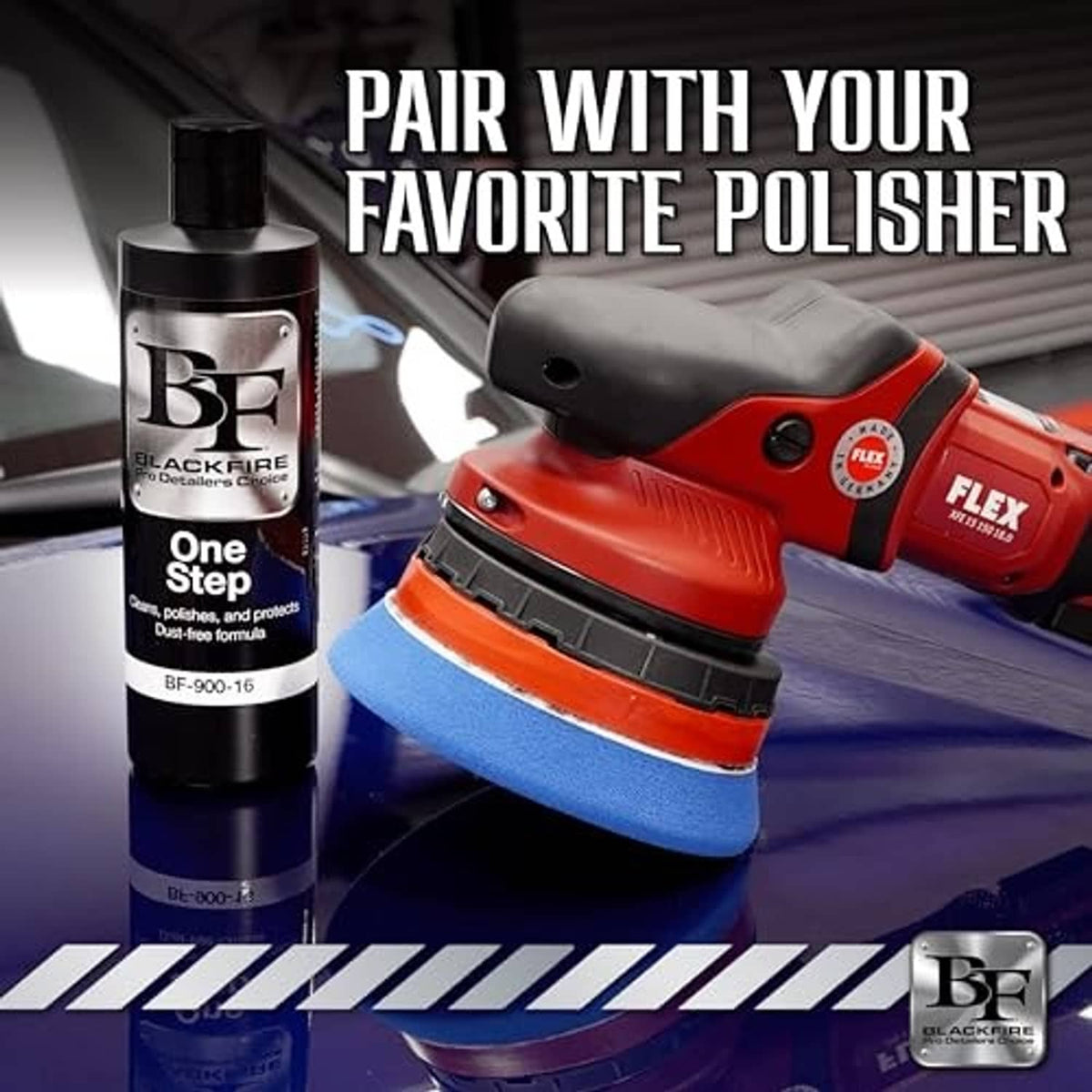 Blackfire One Step bottle beside red and blue polishing pad, black cap and label