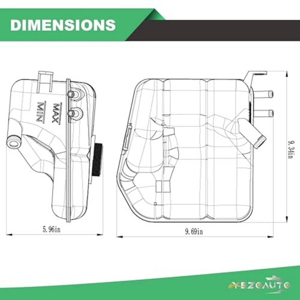 Coolant reservoir line drawing showing top cap and outlet fittings with dimensions.