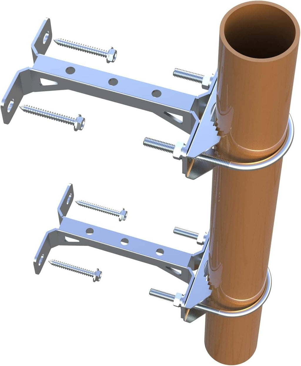 Antenna mast wall clamp brackets holding a round mast pipe with U-bolt loops