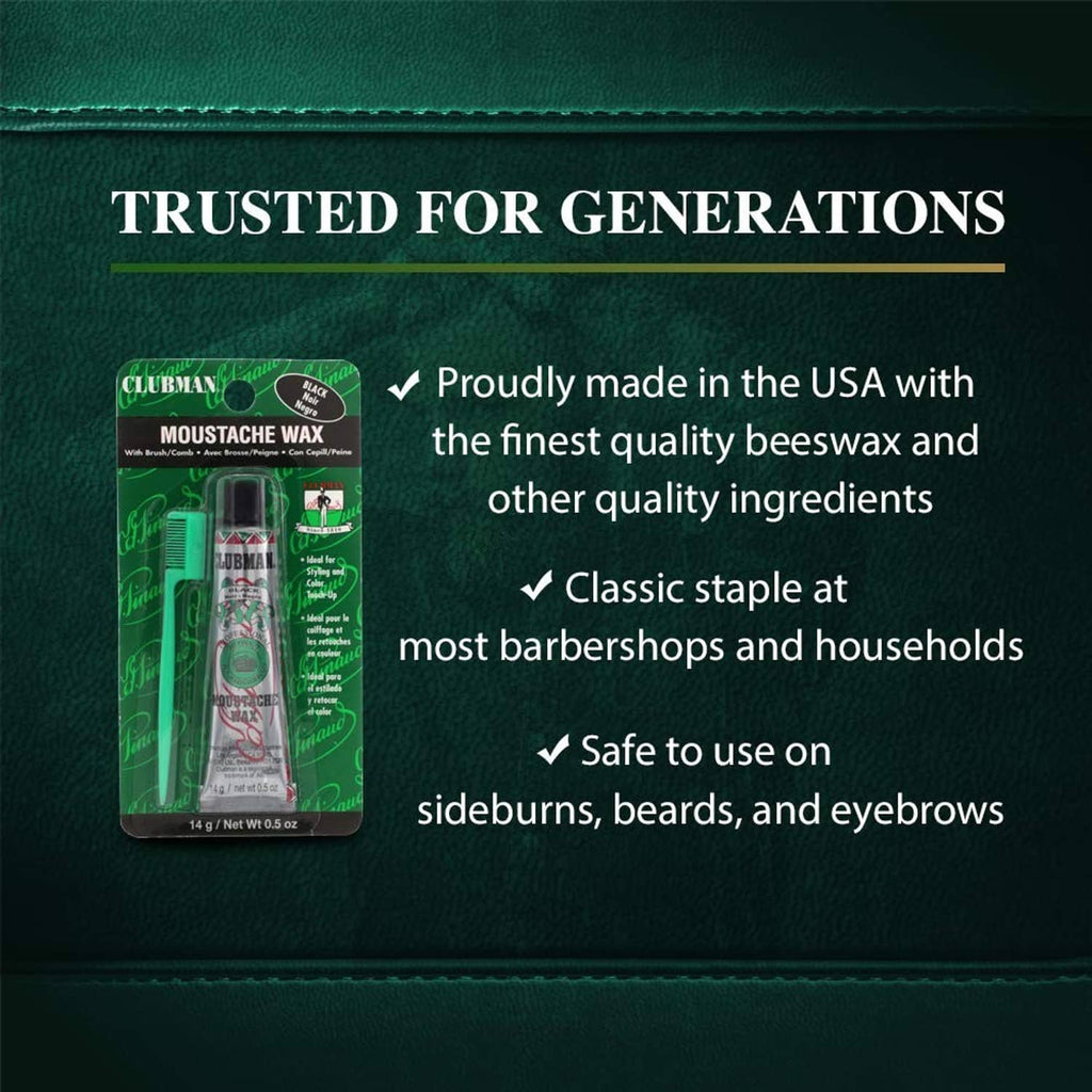 Black mustache wax tube on green card, “Trusted for Generations” text