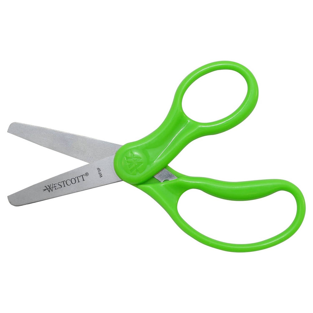 Green Westcott kids' blunt-tip scissors with gray blades and finger loops