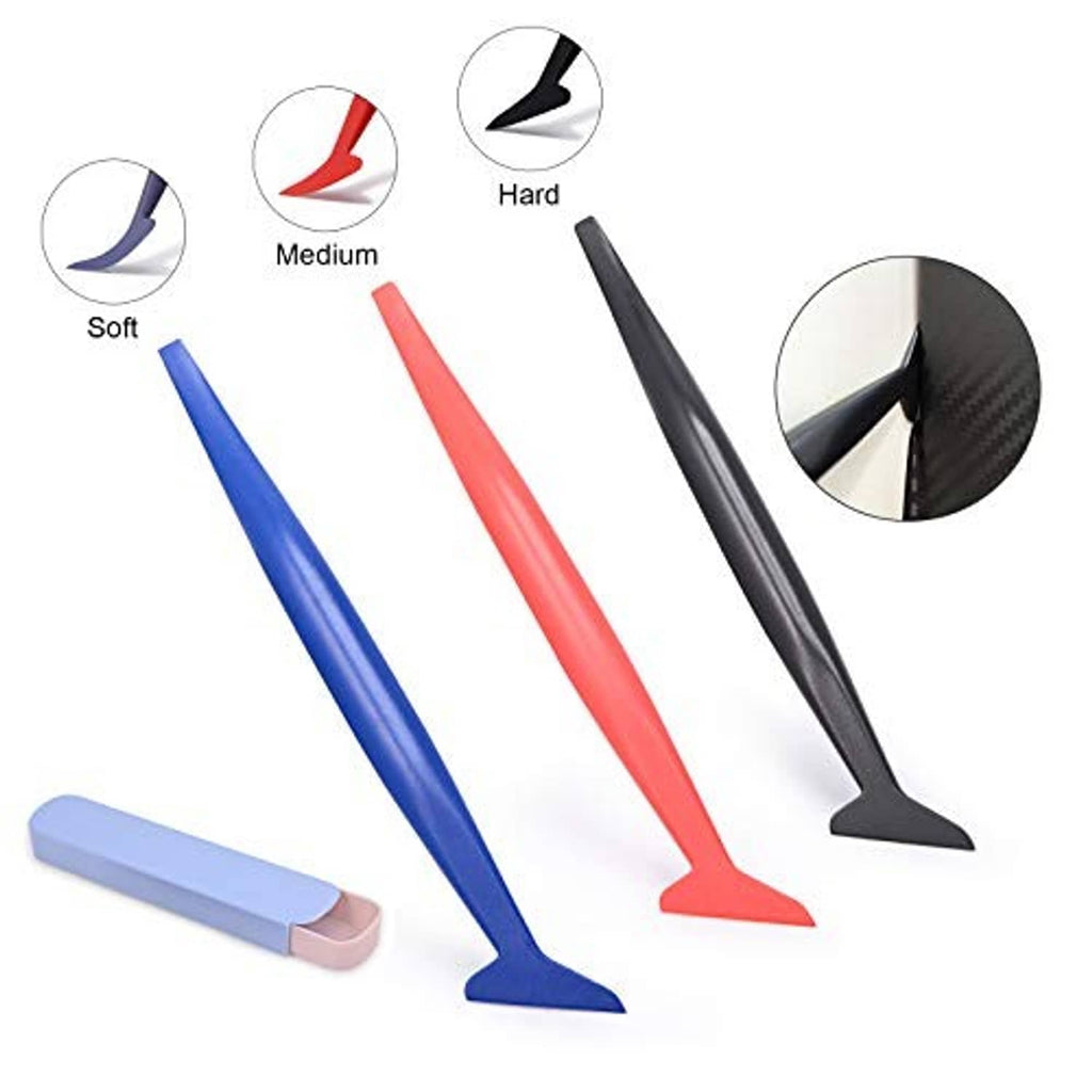 Set of vinyl squeegees with blue, red, light blue, and black blades for applying film