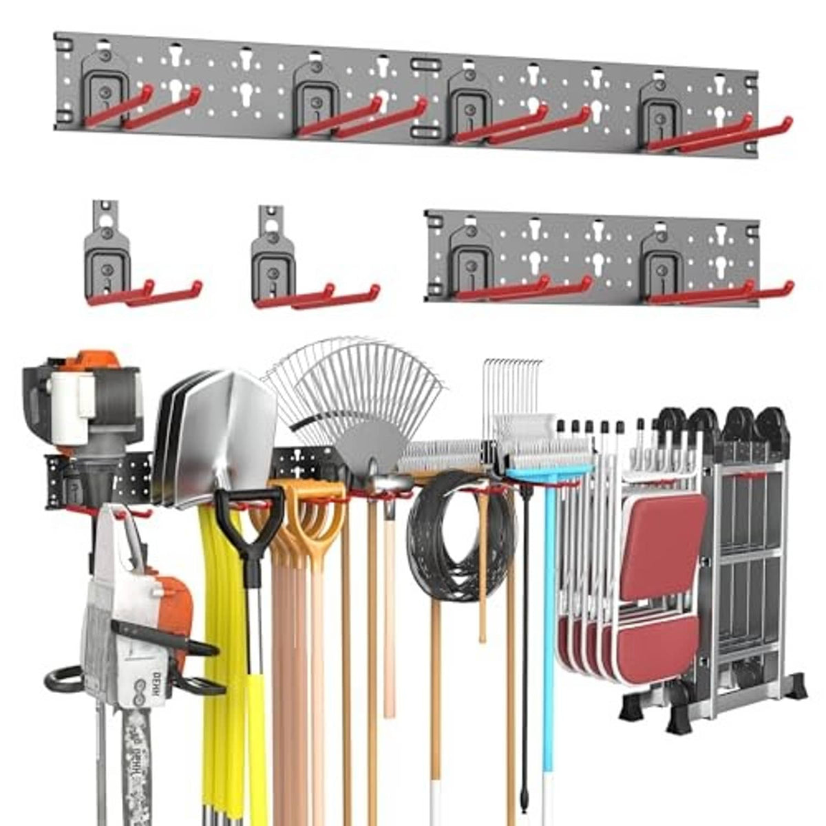 Wall-mounted tool organizer showing three panels with red double hooks and hanging gardening tools