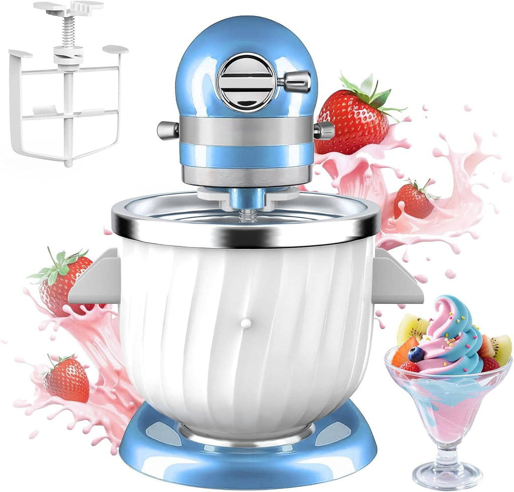 Ice cream maker attachment with blue top unit and white churn bowl on stand mixer