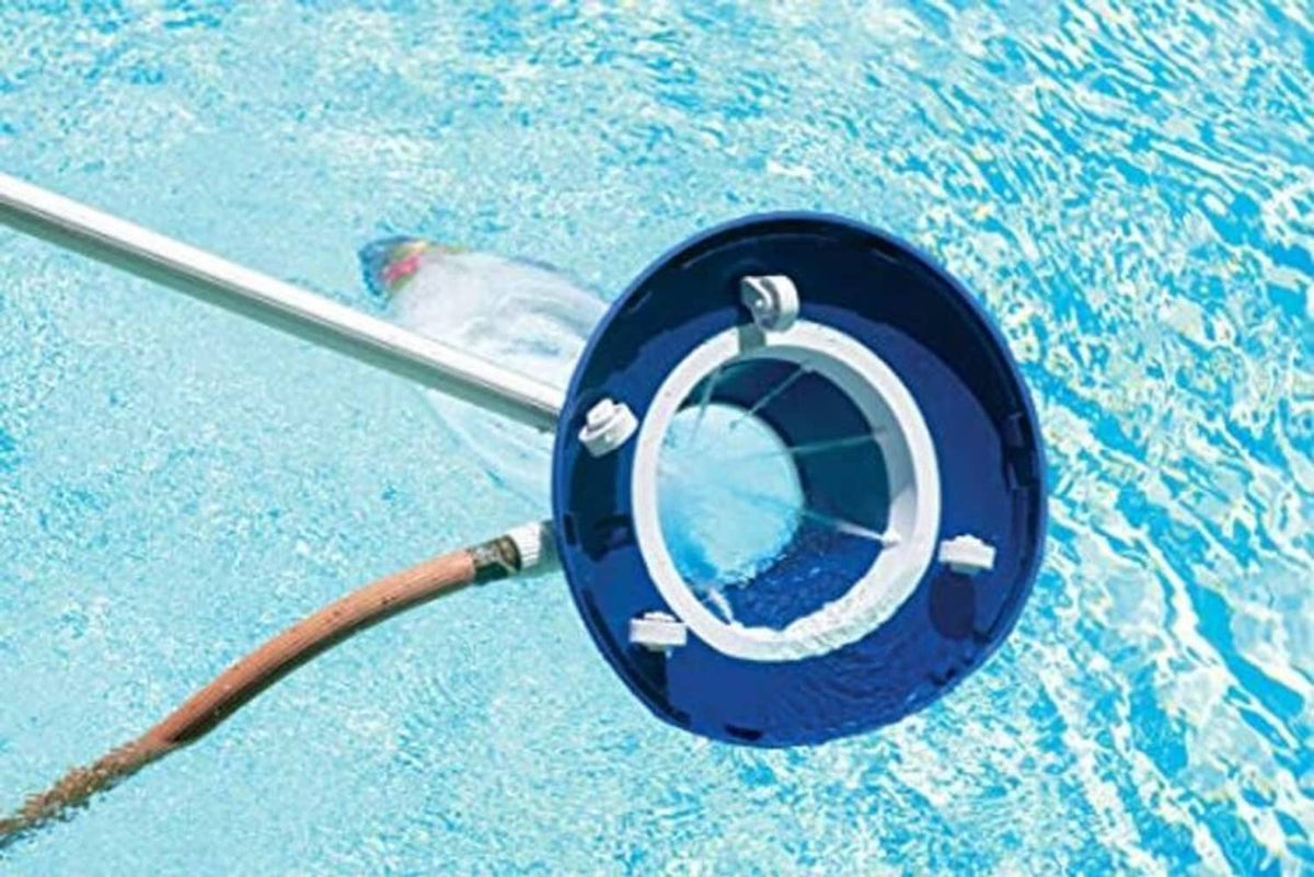 Blue round pool vacuum plate with hose connection and attached bag at water