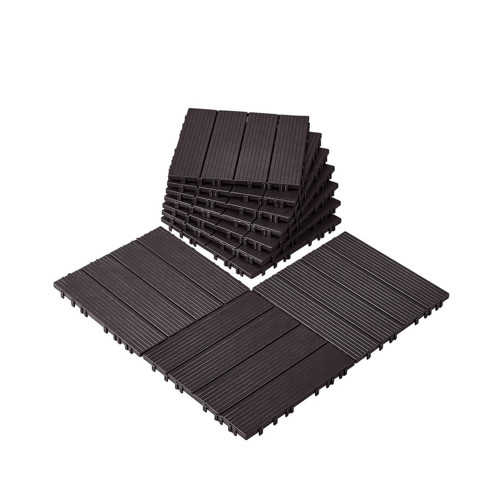 Interlocking deck tiles, dark brown, ribbed square patio tiles in a stack