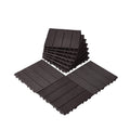 Interlocking deck tiles, dark brown, ribbed square patio tiles in a stack