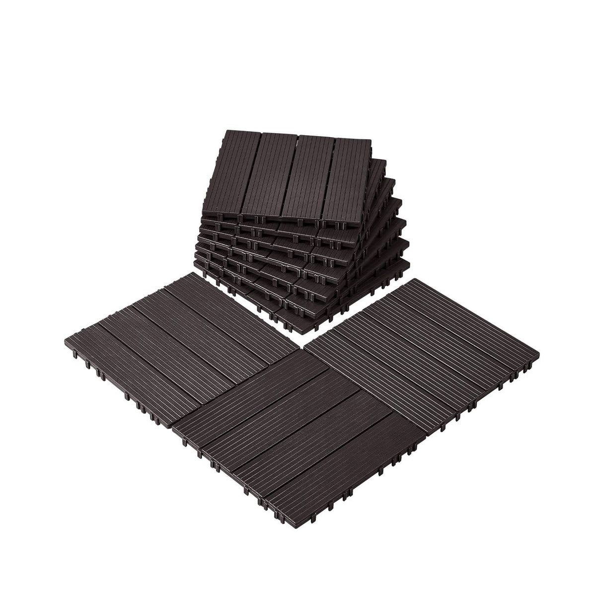 Interlocking deck tiles, dark brown, ribbed square patio tiles in a stack
