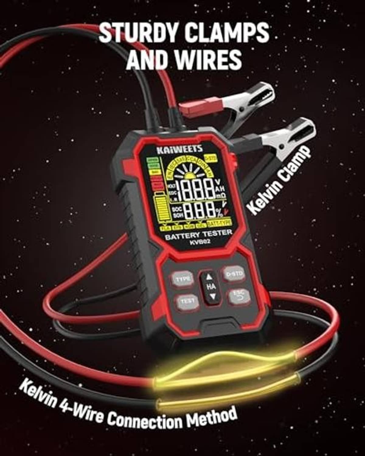 Car battery tester with heavy-duty clamp leads and LCD screen, red-and-black body