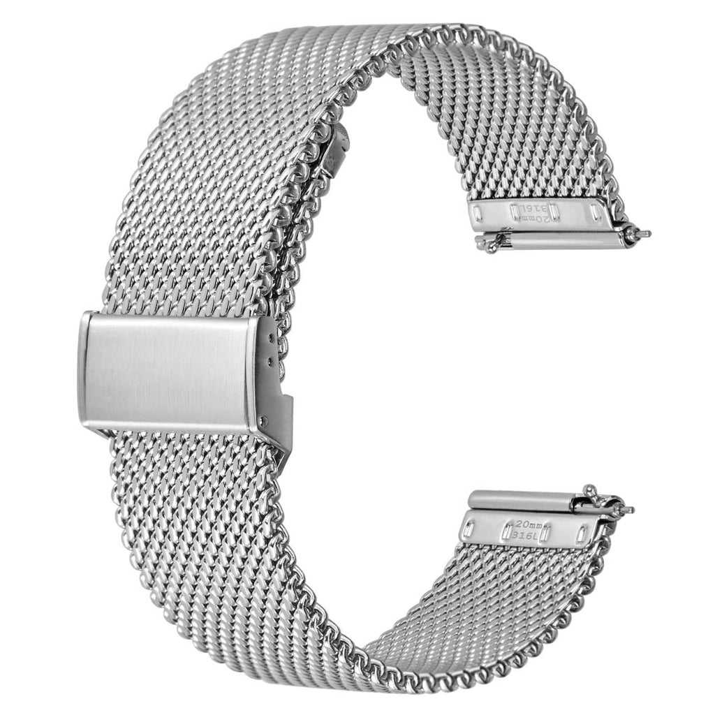 Silver metal mesh watch band with rectangular clasp and adjustable buckle