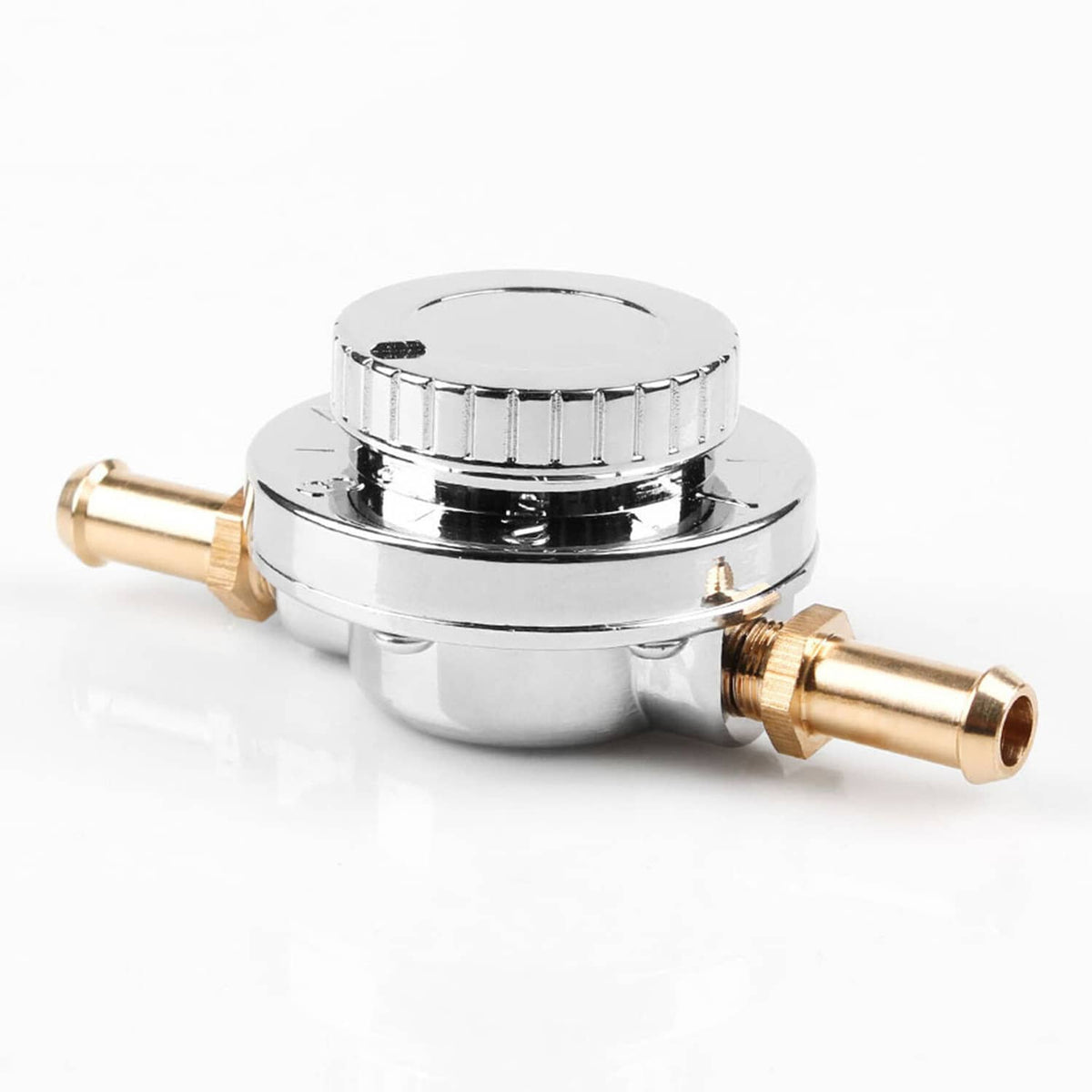 Chrome fuel pressure regulator with brass inlet and outlet connectors on mounting body