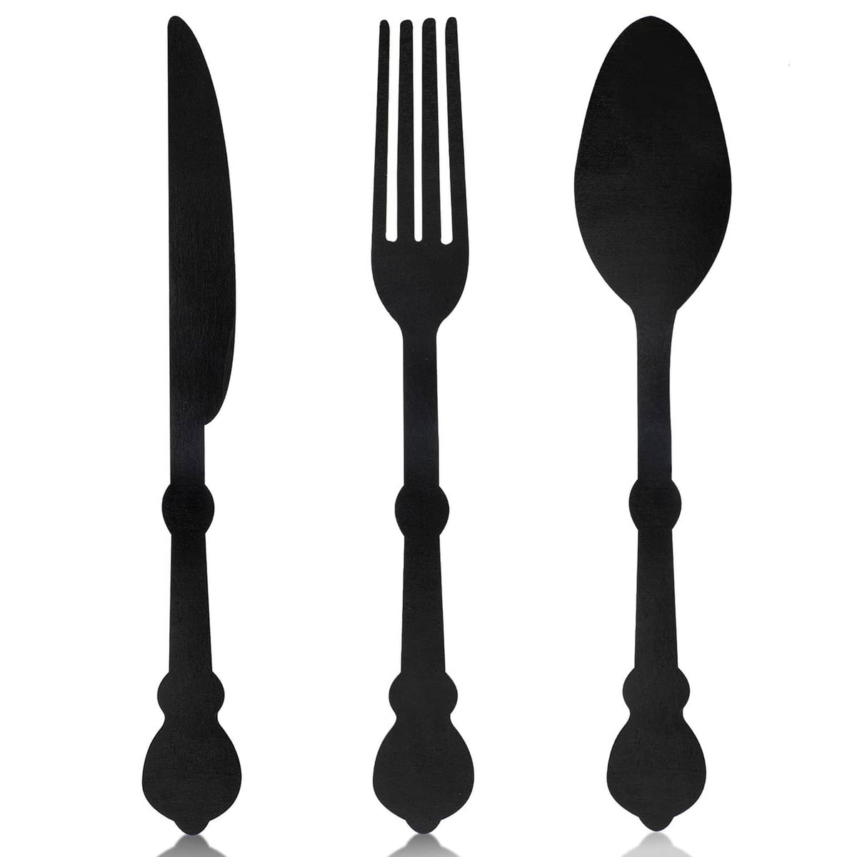 3-piece black wooden knife, fork, and spoon wall decor set with wall-mounted shapes