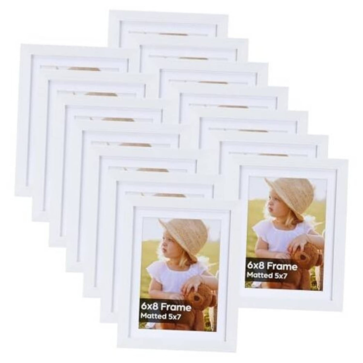 White picture frames set of 15, with inner mat and gold-tone corner hardware visible