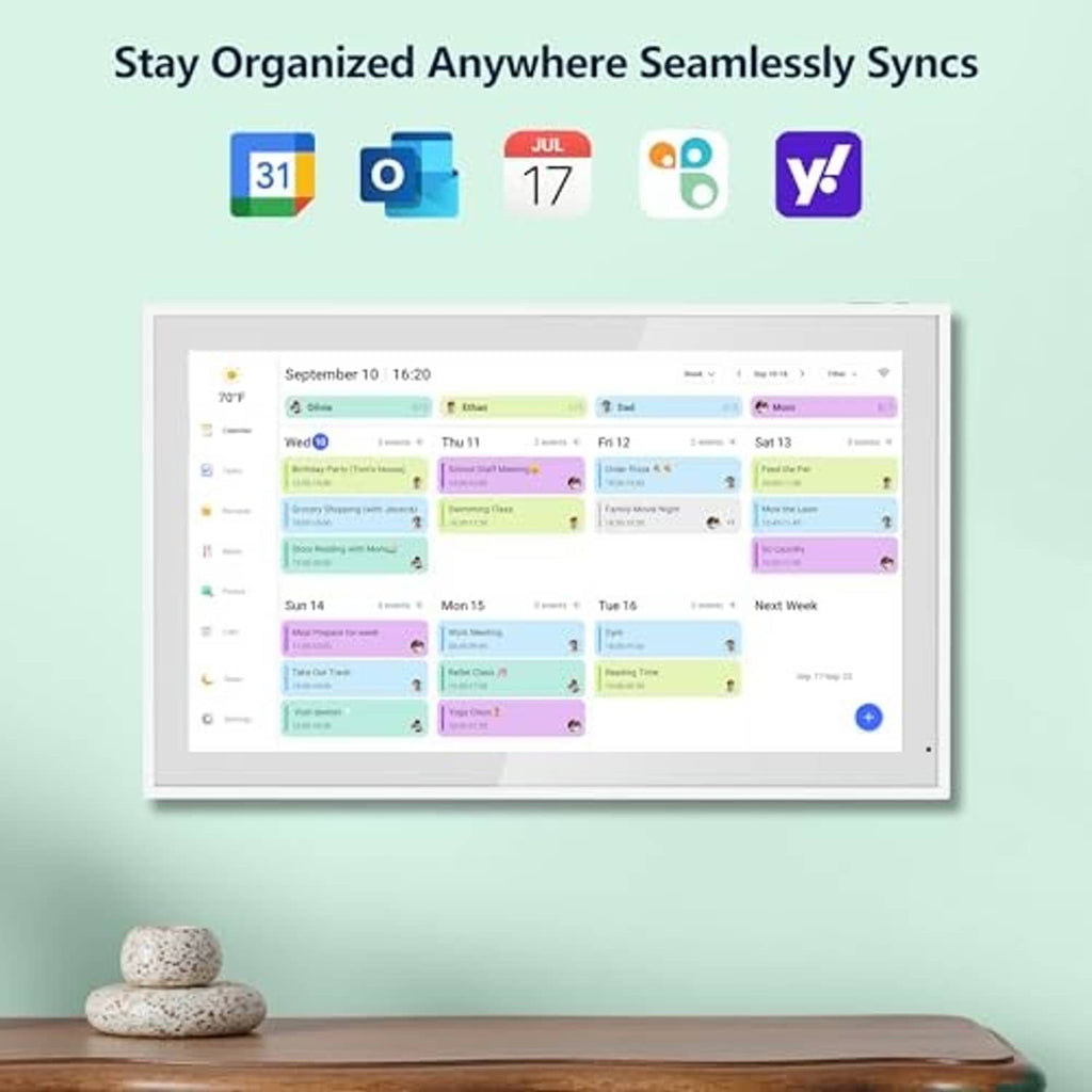 Digital calendar and chore chart screen showing linked schedule cards across the week