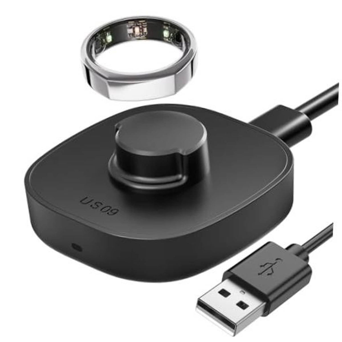 Black smart ring charger dock with center cradle and USB-A charging cable
