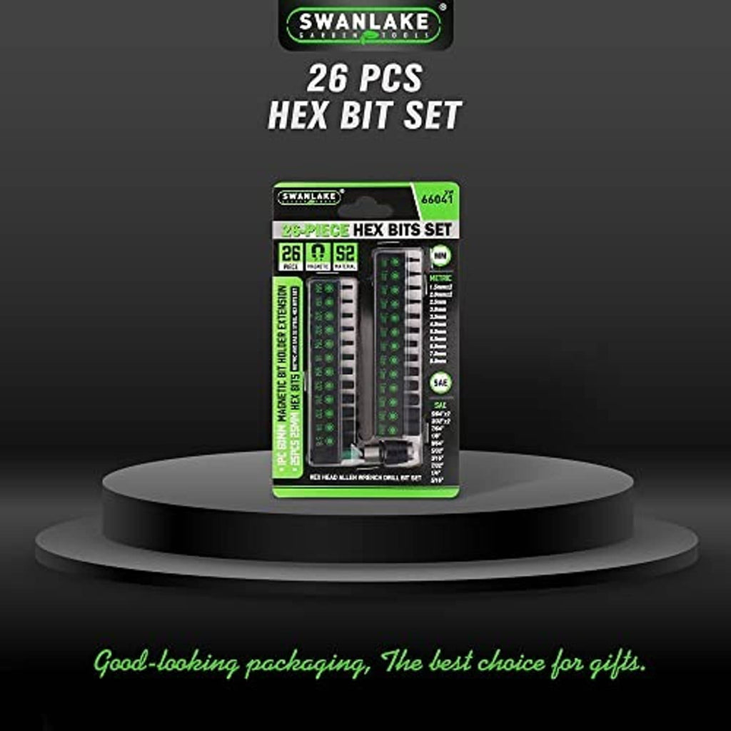 Swanlake 26-piece hex bit set retail package with labeled metric and SAE bits