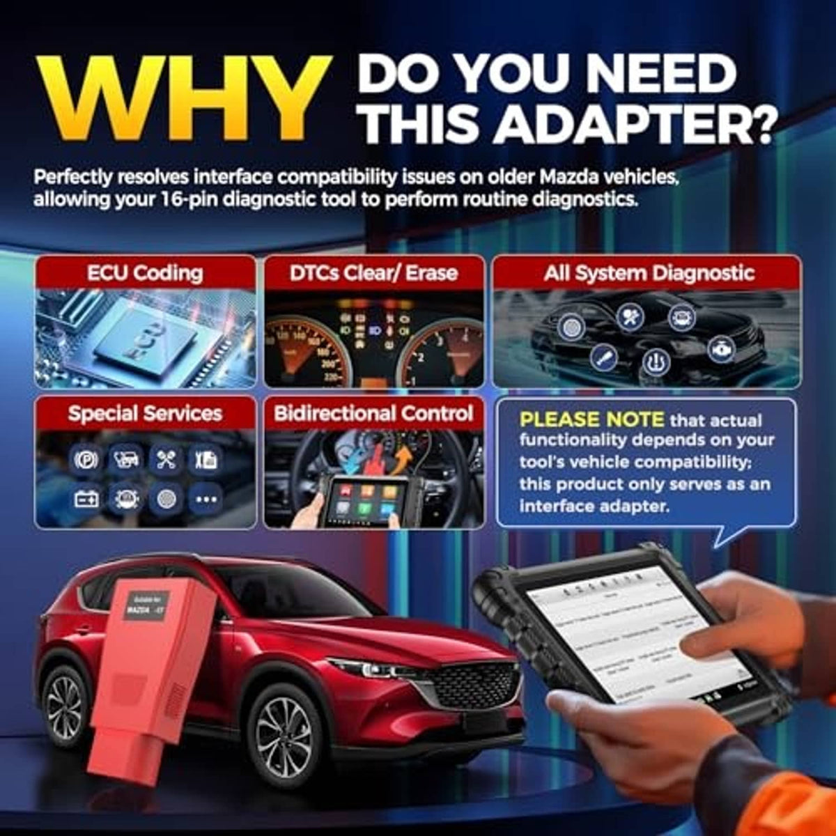 Red diagnostic interface adapter with OBD connector for scan tools