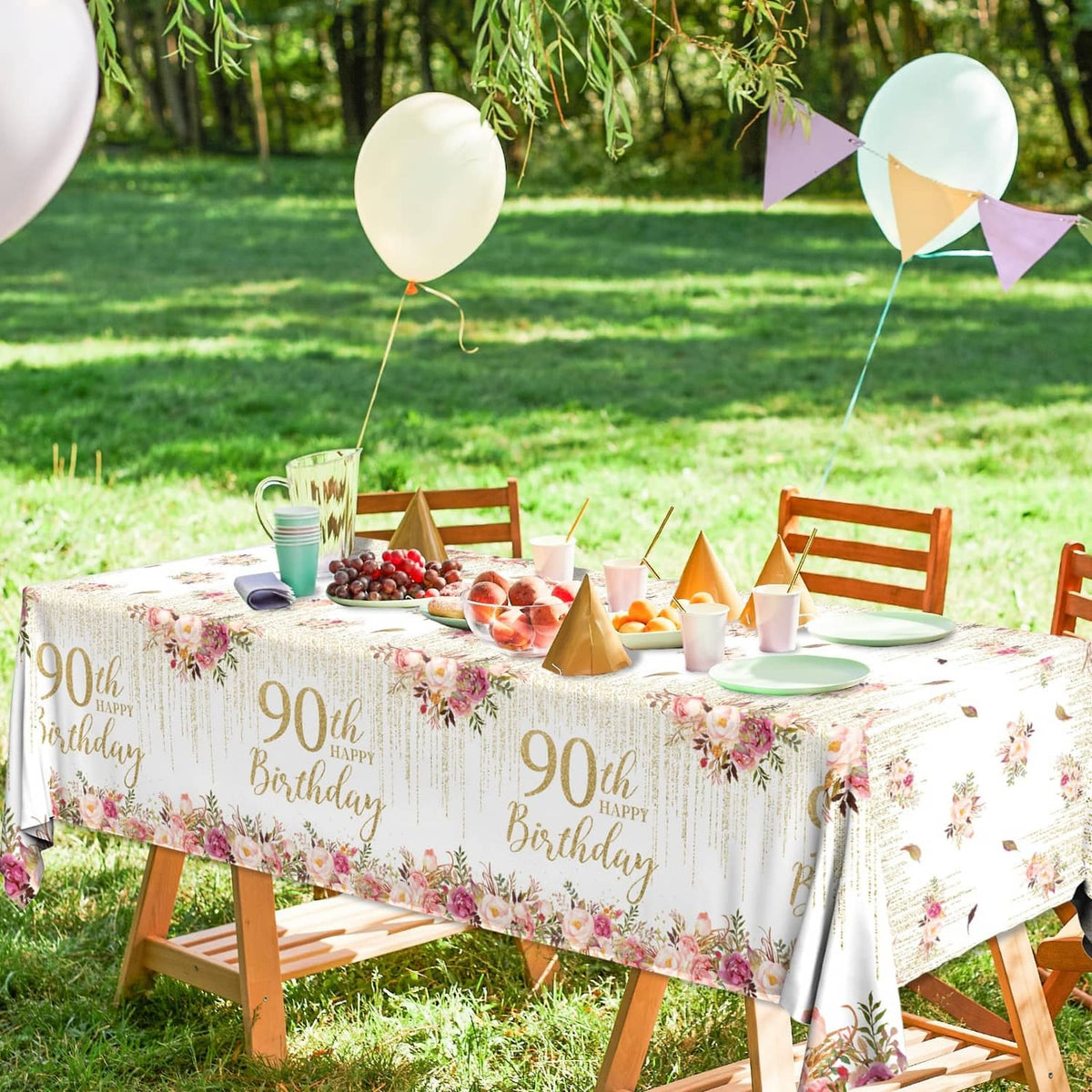 Floral 90th birthday tablecloth with rose-gold 90th Happy Birthday pattern for party