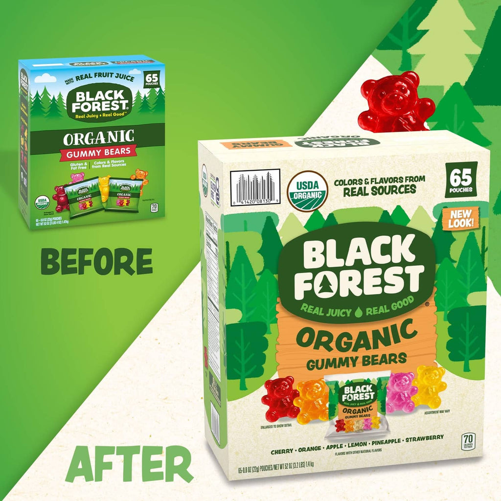 Organic gummy bear pouch shown as before-and-after packaging, 65 pouches.