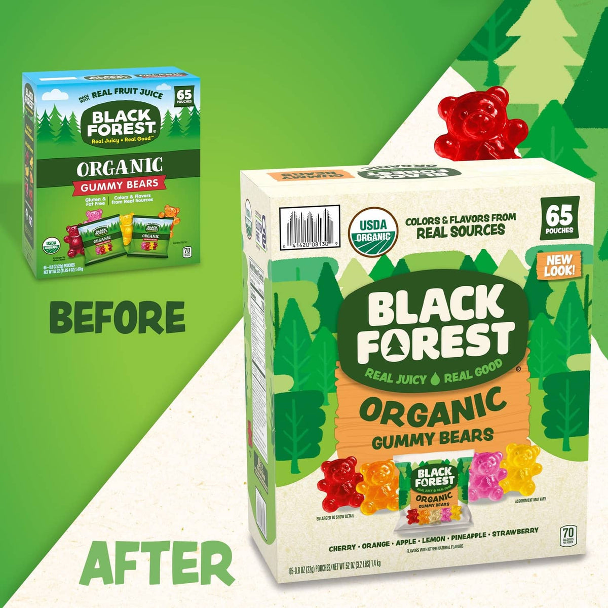 Organic gummy bear pouch shown as before-and-after packaging, 65 pouches.