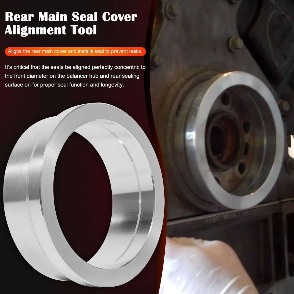 Rear main seal cover alignment tool adapter ring, silver metal