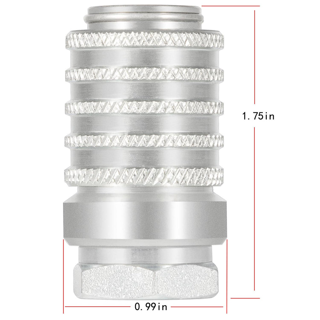 Steel quick coupler side view with knurled ring grips and female NPTF threaded end