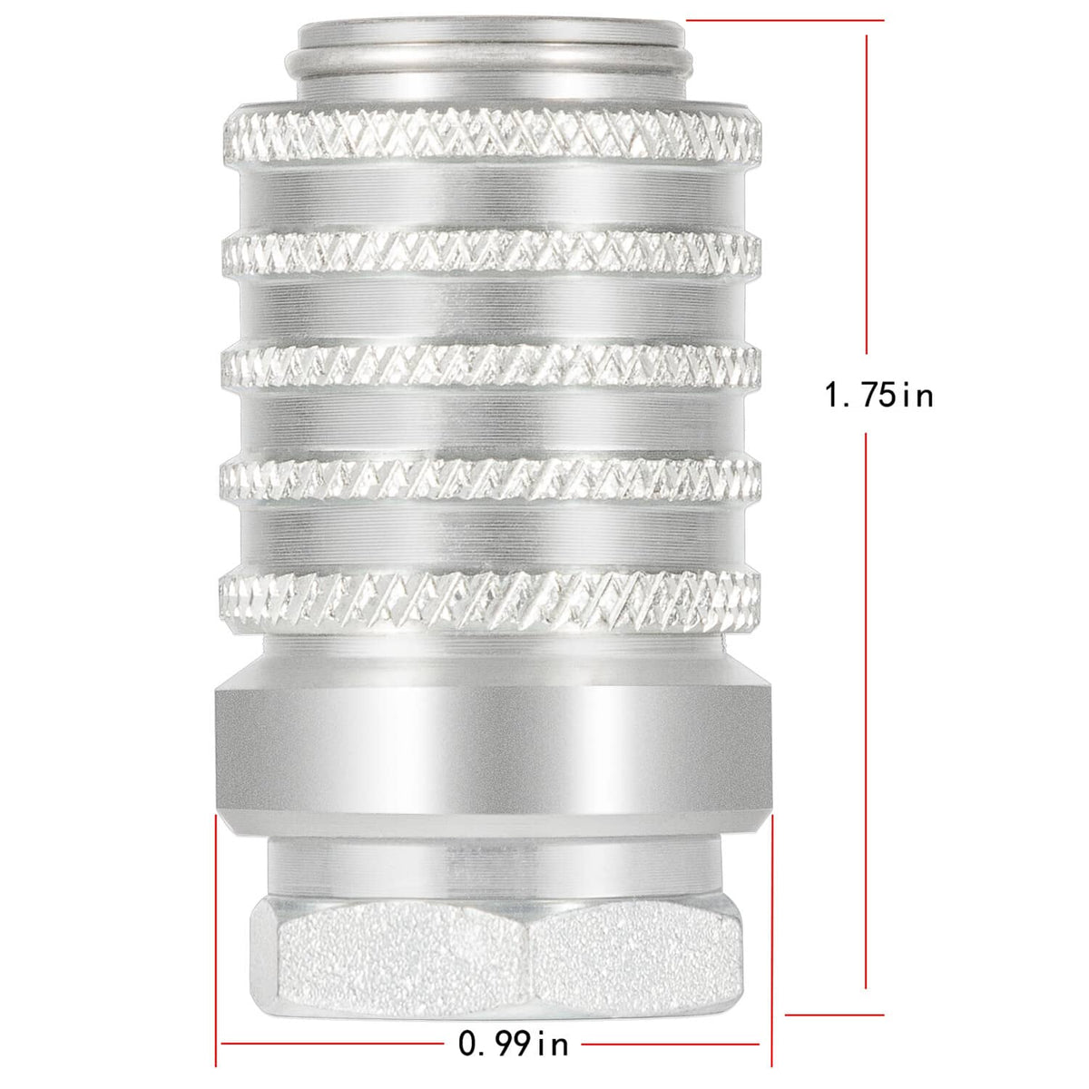 Steel quick coupler side view with knurled ring grips and female NPTF threaded end