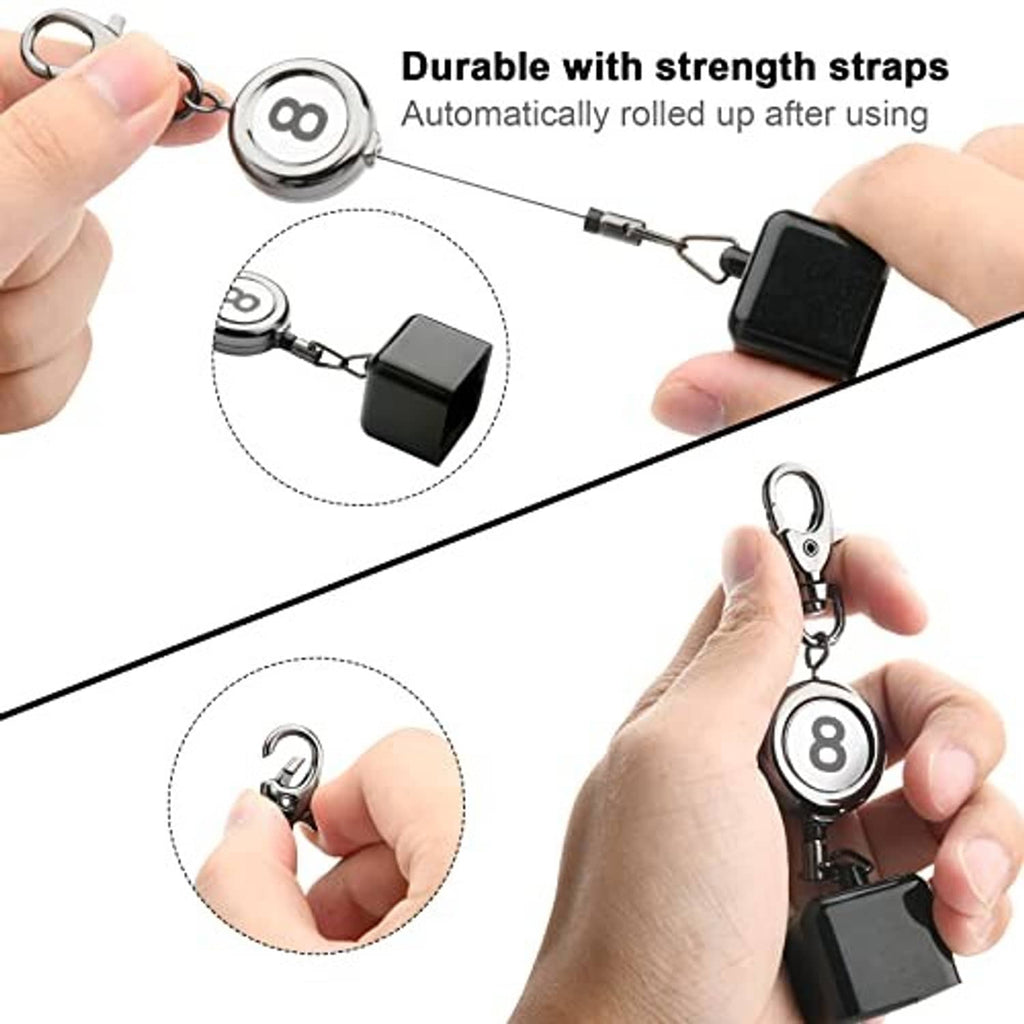 Billiard cue chalk holder keychain with 8 ball disk, chain link, and black case