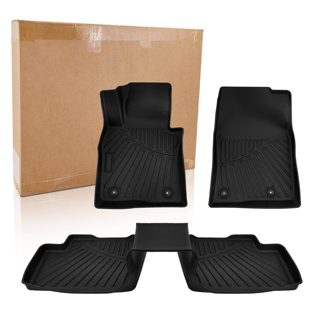 Set of three black 3D TPE floor mats with molded fit and anti-slip nubs