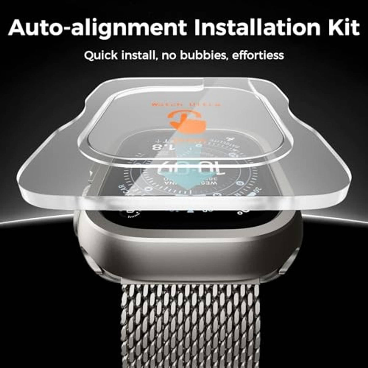 Silver metal watch case and clear screen protector installation alignment tool