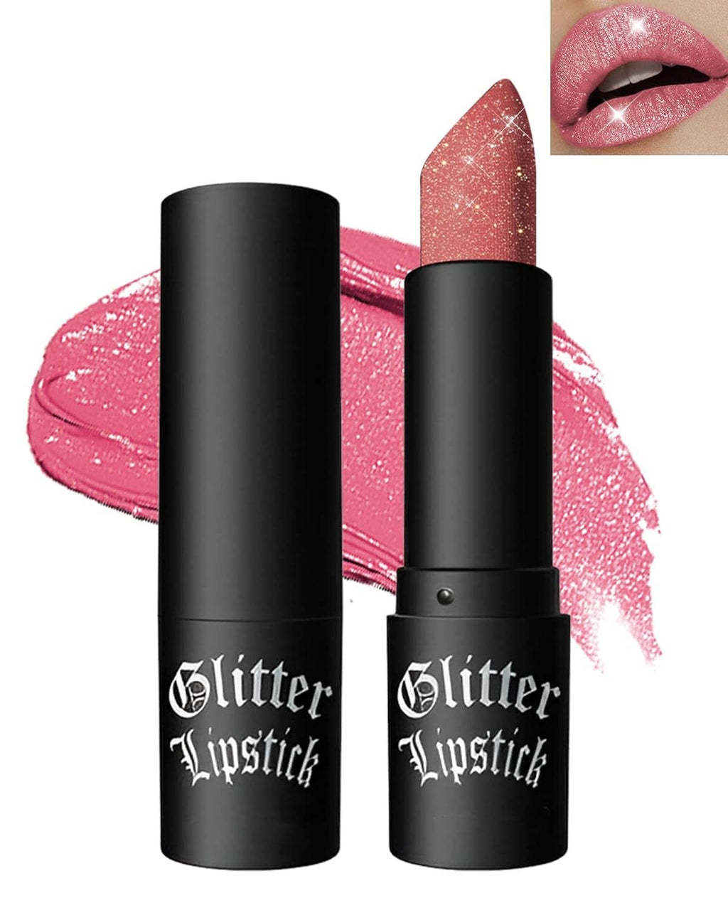 Glitter lipstick tubes in black with rose-pink shimmer smear and close-up lip gloss texture